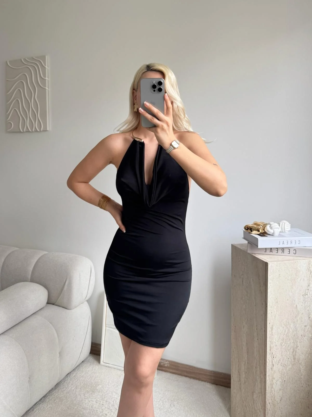 Boyun Aksesuar Degaje Mini Elbise - SİYAH