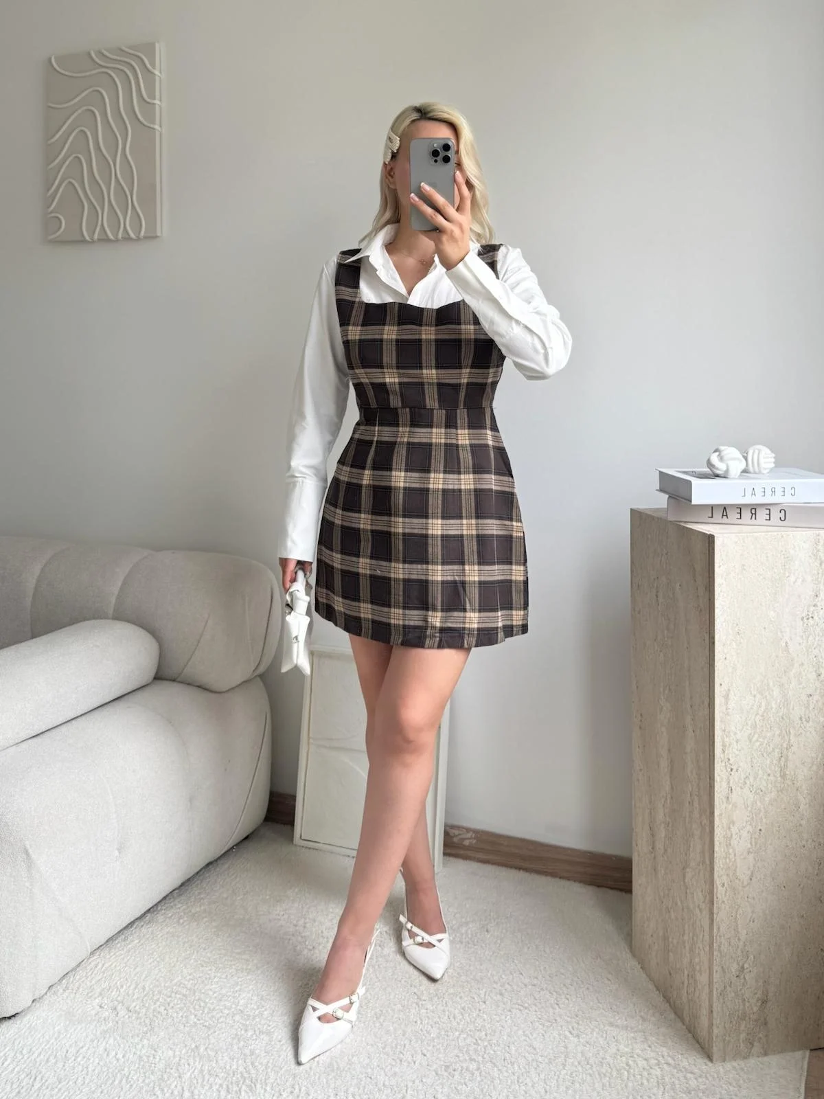 Kareli Jile Gömlek Elbise -KAHVE