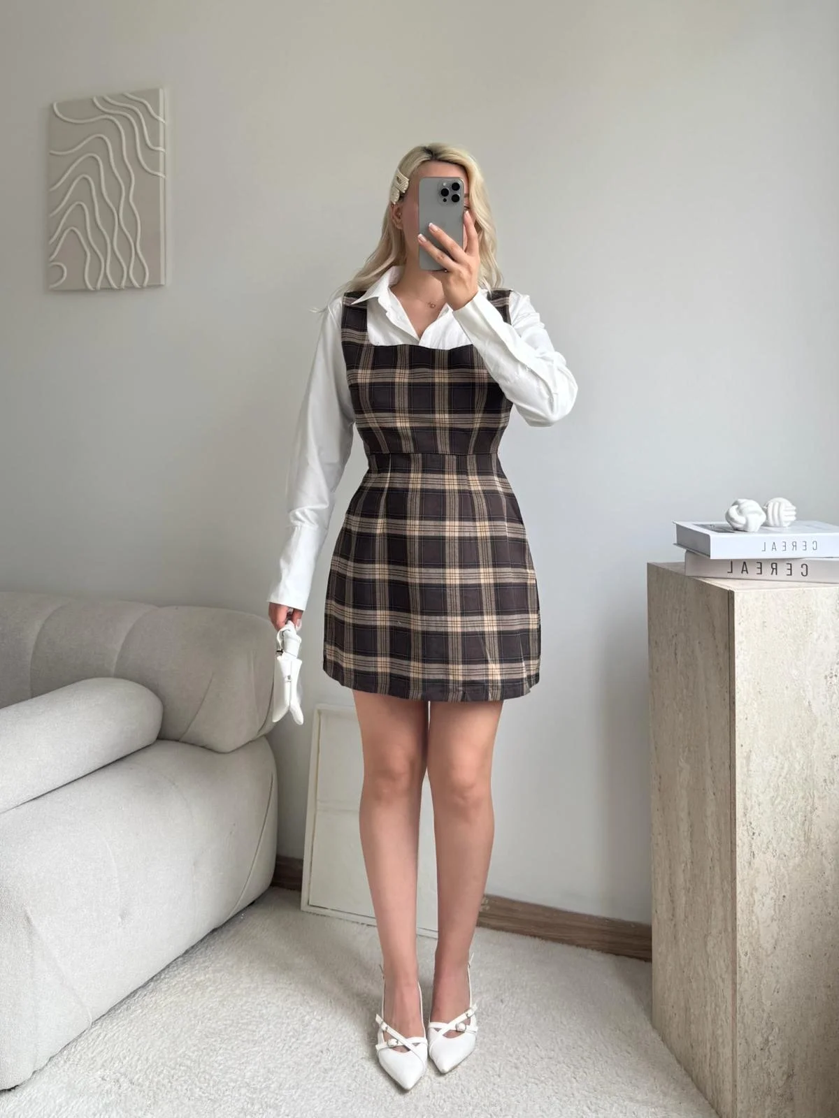 Kareli Jile Gömlek Elbise -KAHVE