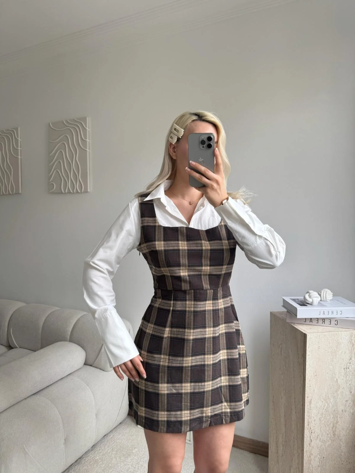 Kareli Jile Gömlek Elbise -KAHVE