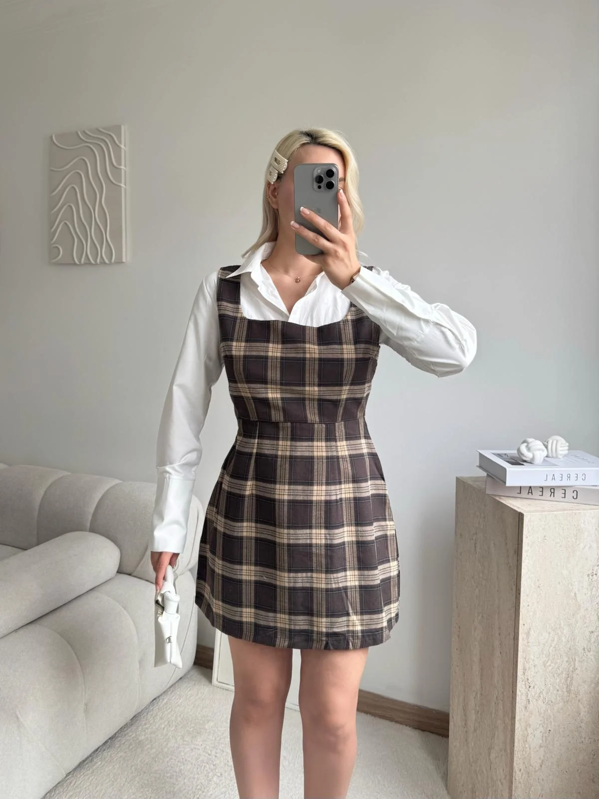 Kareli Jile Gömlek Elbise -KAHVE