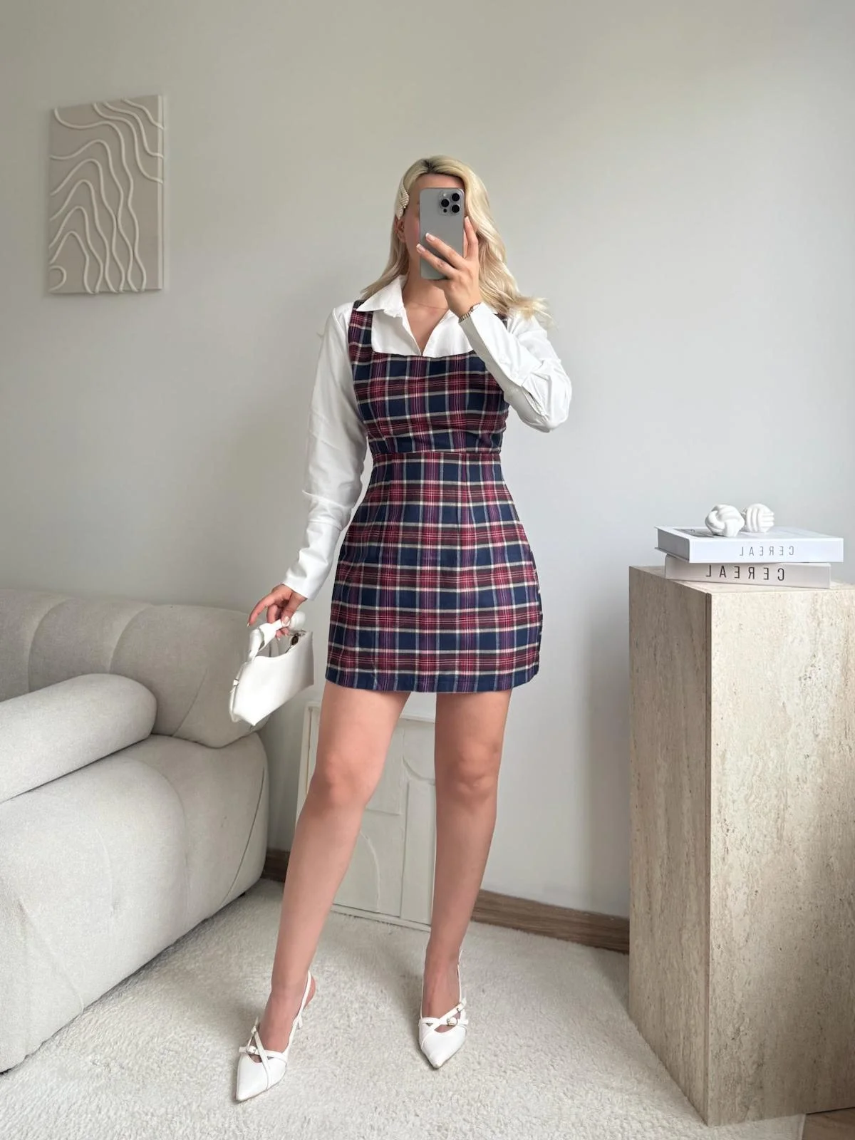 Kareli Jile Gömlek Elbise - BORDO