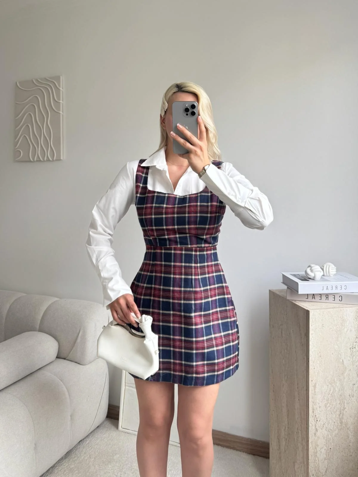 Kareli Jile Gömlek Elbise - BORDO