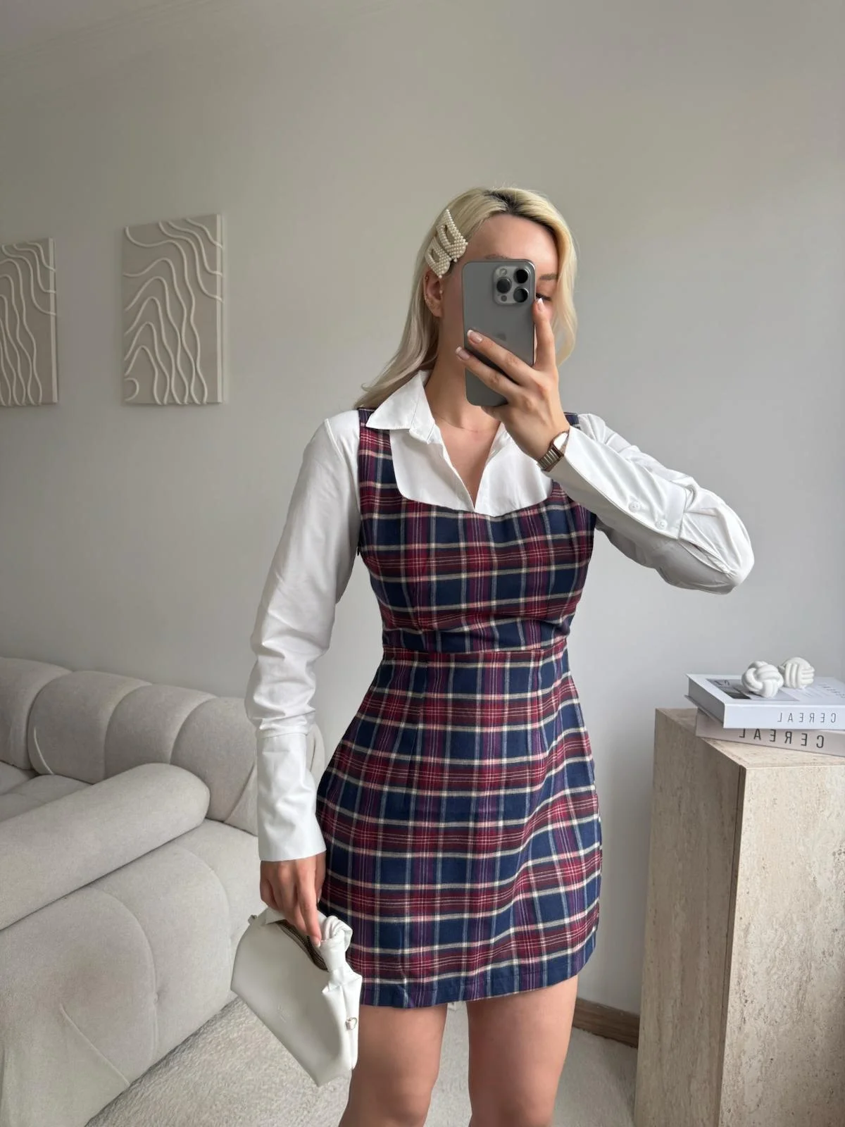 Kareli Jile Gömlek Elbise - BORDO