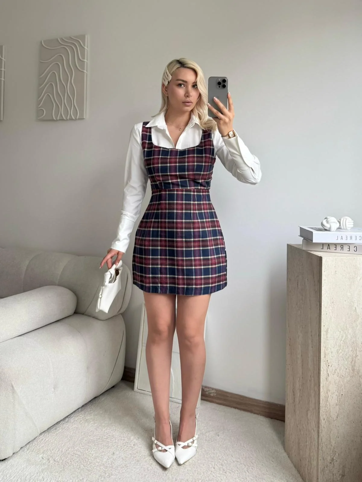 Kareli Jile Gömlek Elbise - BORDO