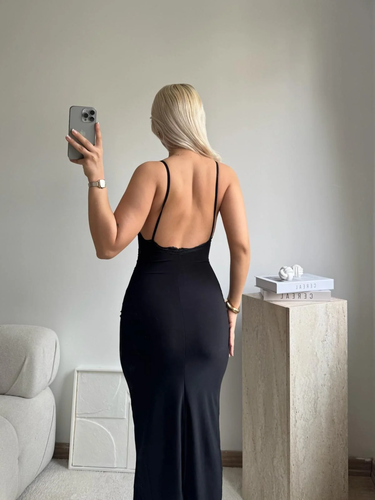 Askılı Dantel Detay Long Elbise