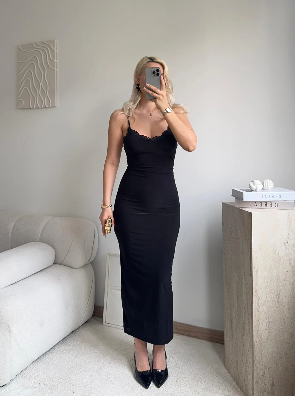 Askılı Dantel Detay Long Elbise