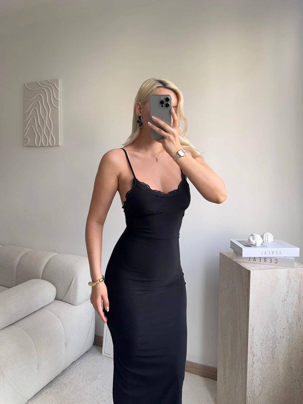 Askılı Dantel Detay Long Elbise