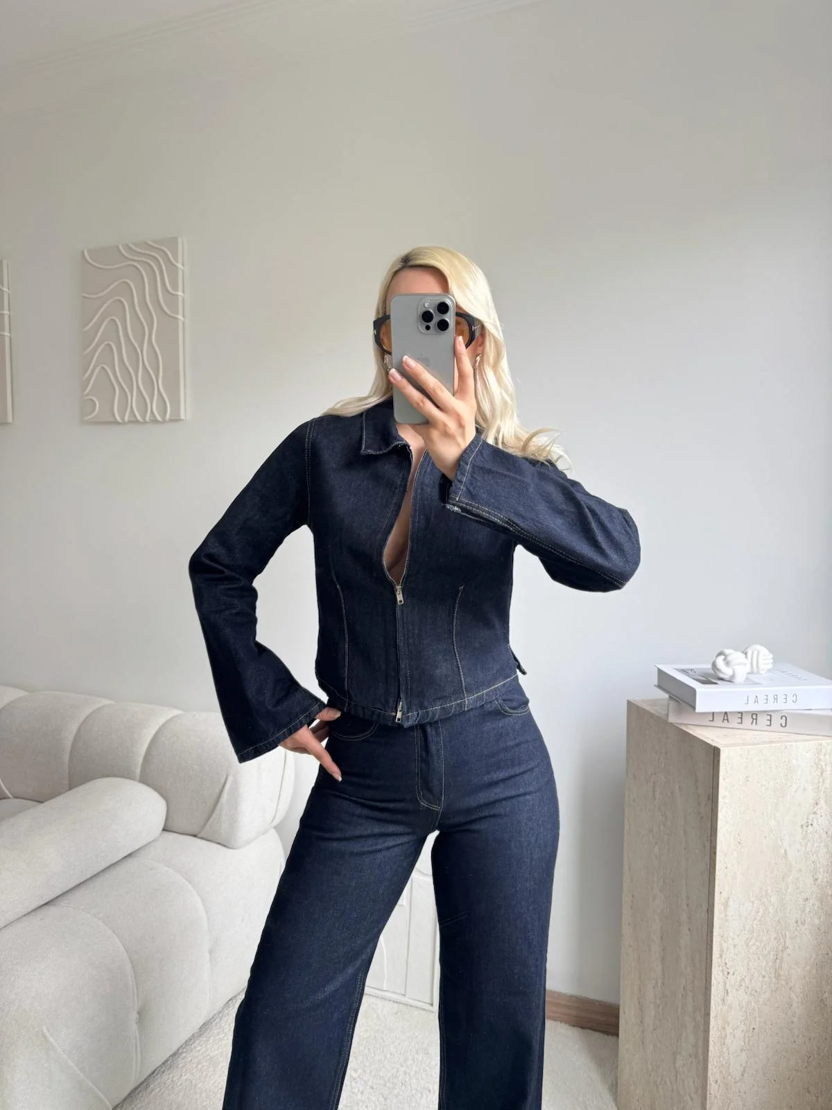 Çift Fermuarlı Denim Takım