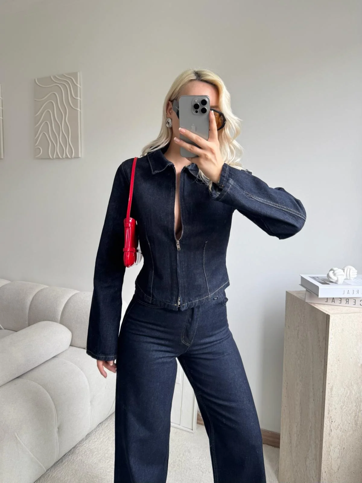 Çift Fermuarlı Denim Takım