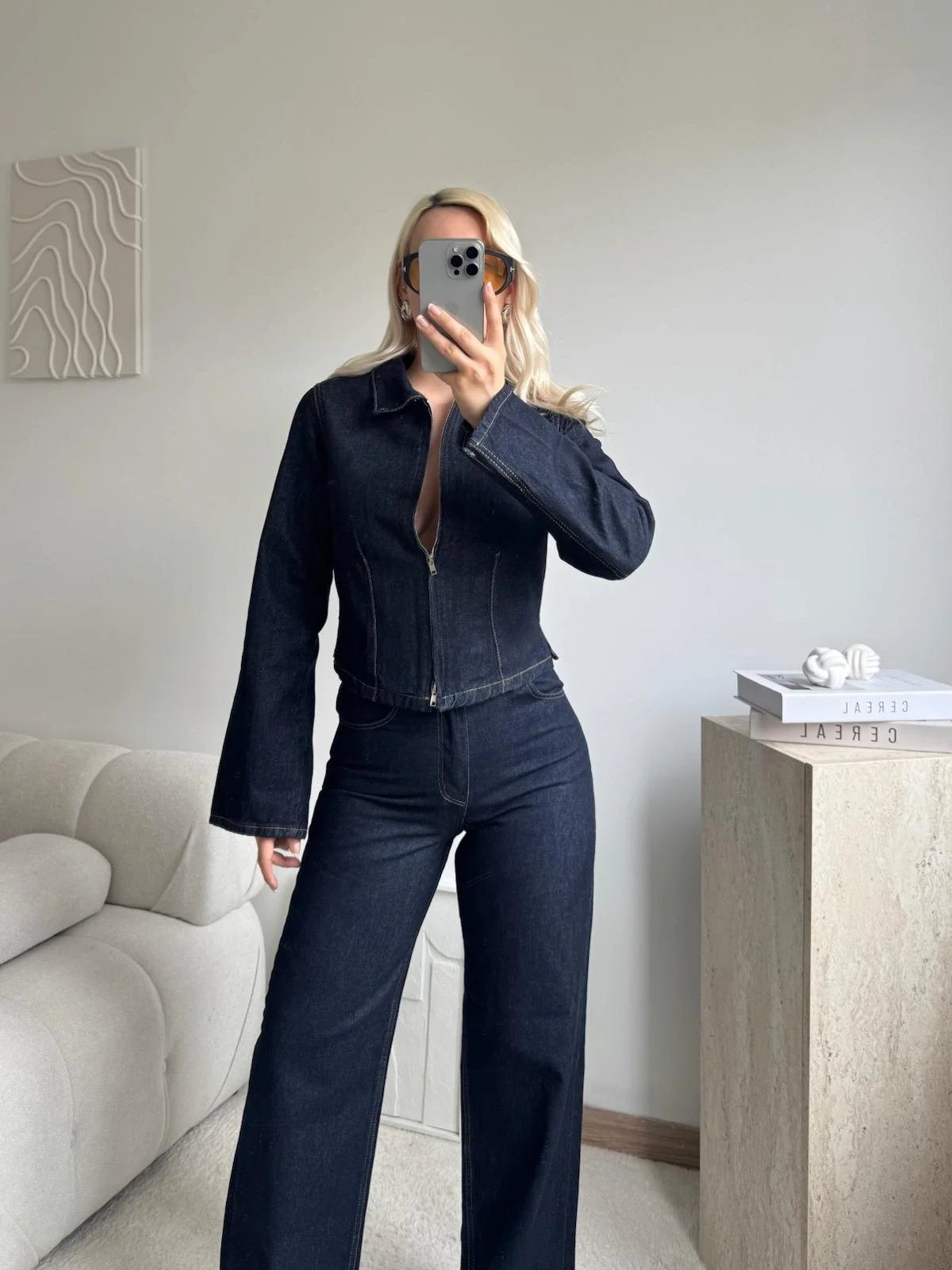 Çift Fermuarlı Denim Takım