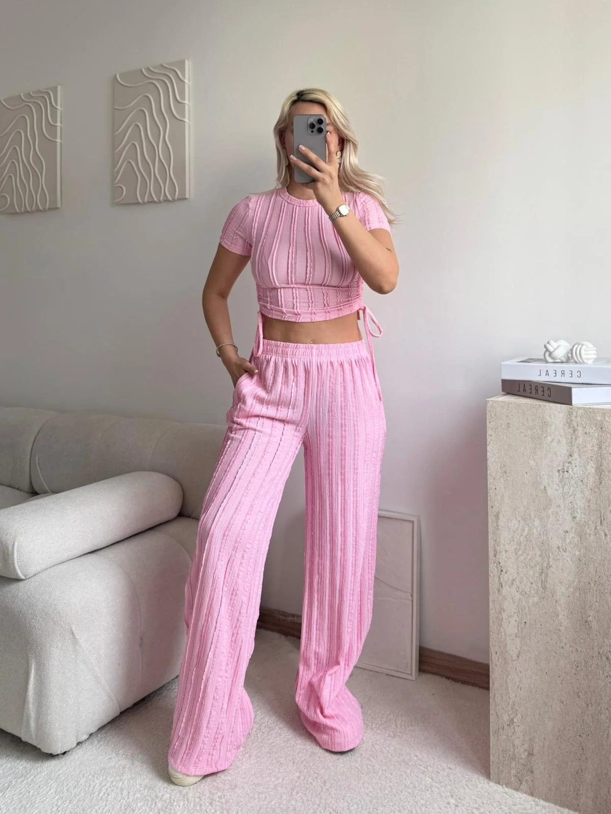Yan Büzgü Pantolon Takım - PEMBE