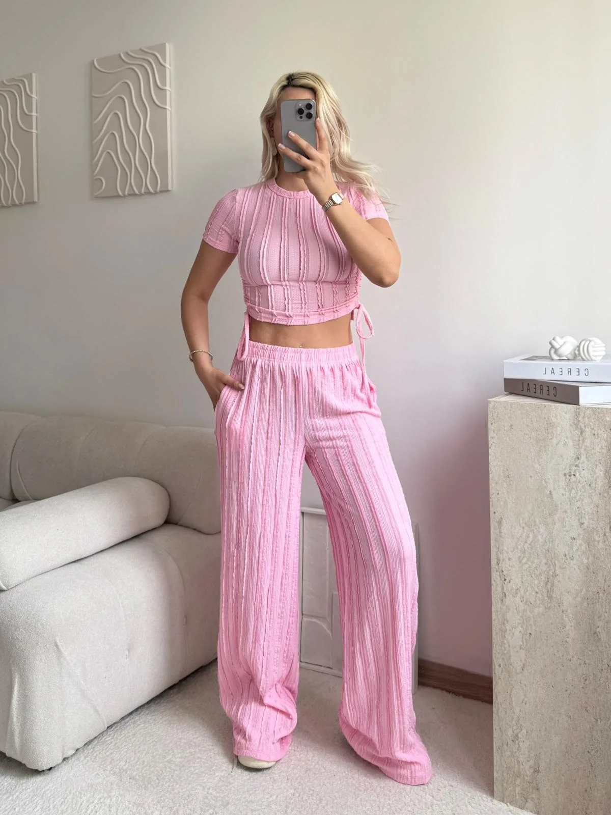 Yan Büzgü Pantolon Takım - PEMBE