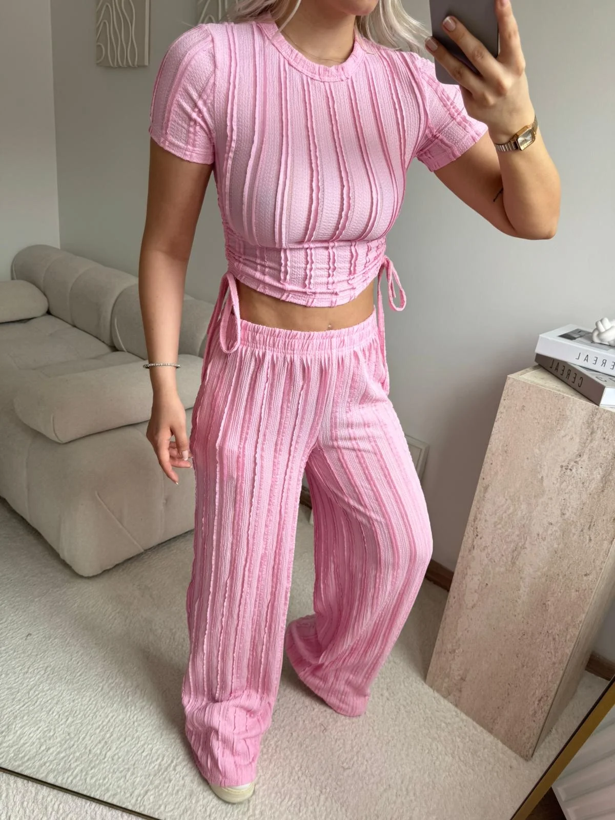 Yan Büzgü Pantolon Takım - PEMBE