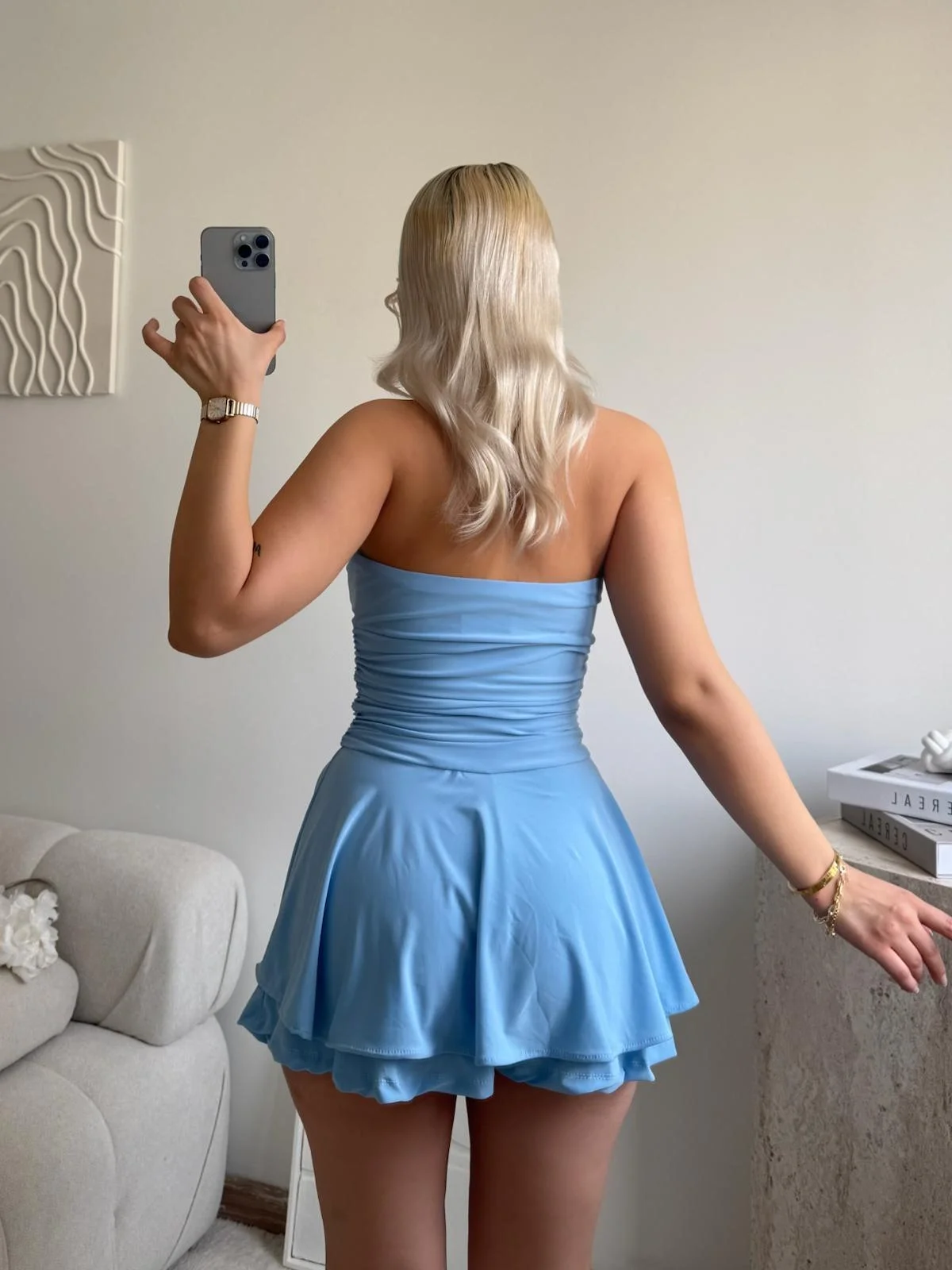 Straplez Volanlı Şortlu Elbise - MAVİ