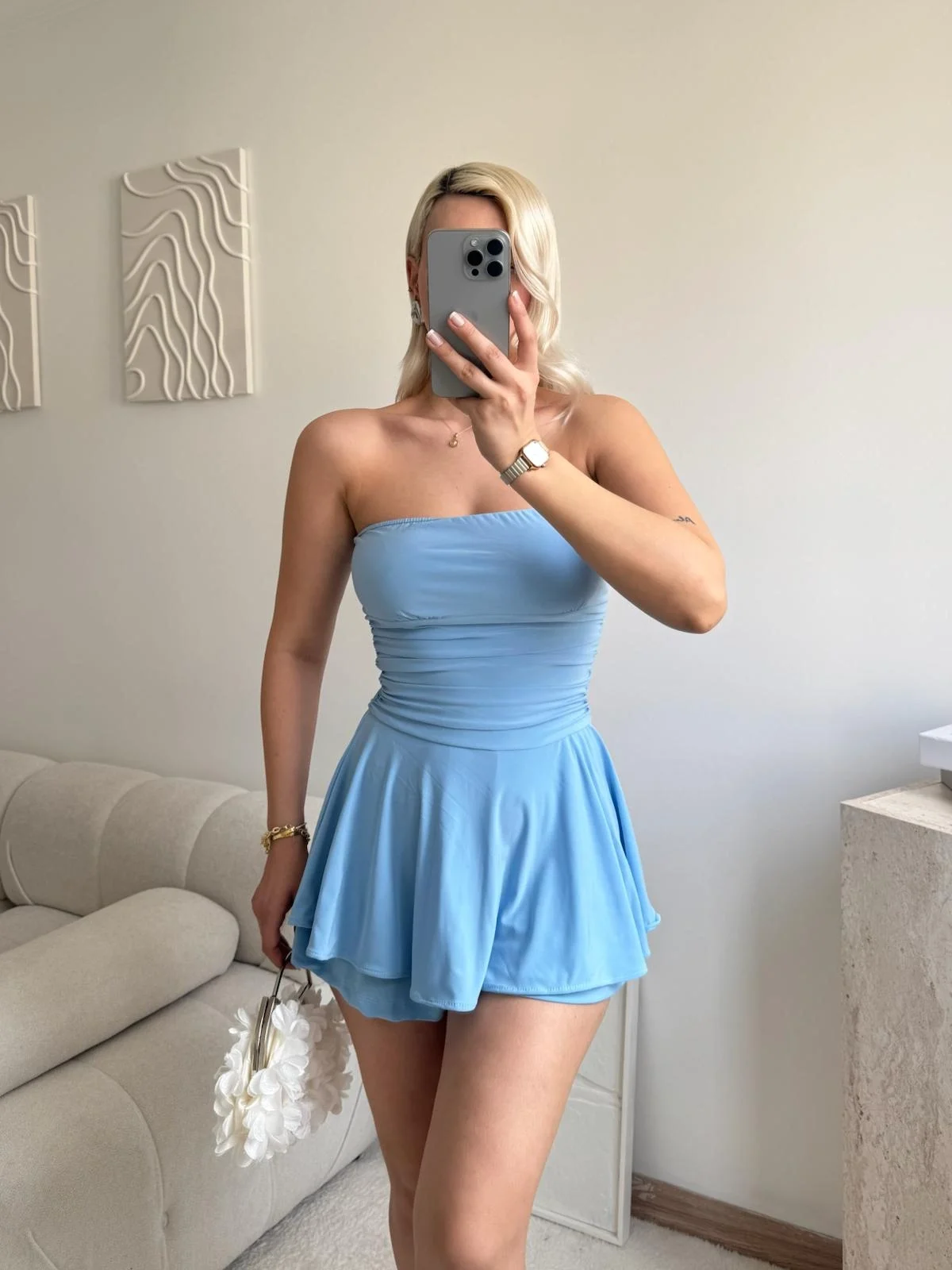 Straplez Volanlı Şortlu Elbise - MAVİ