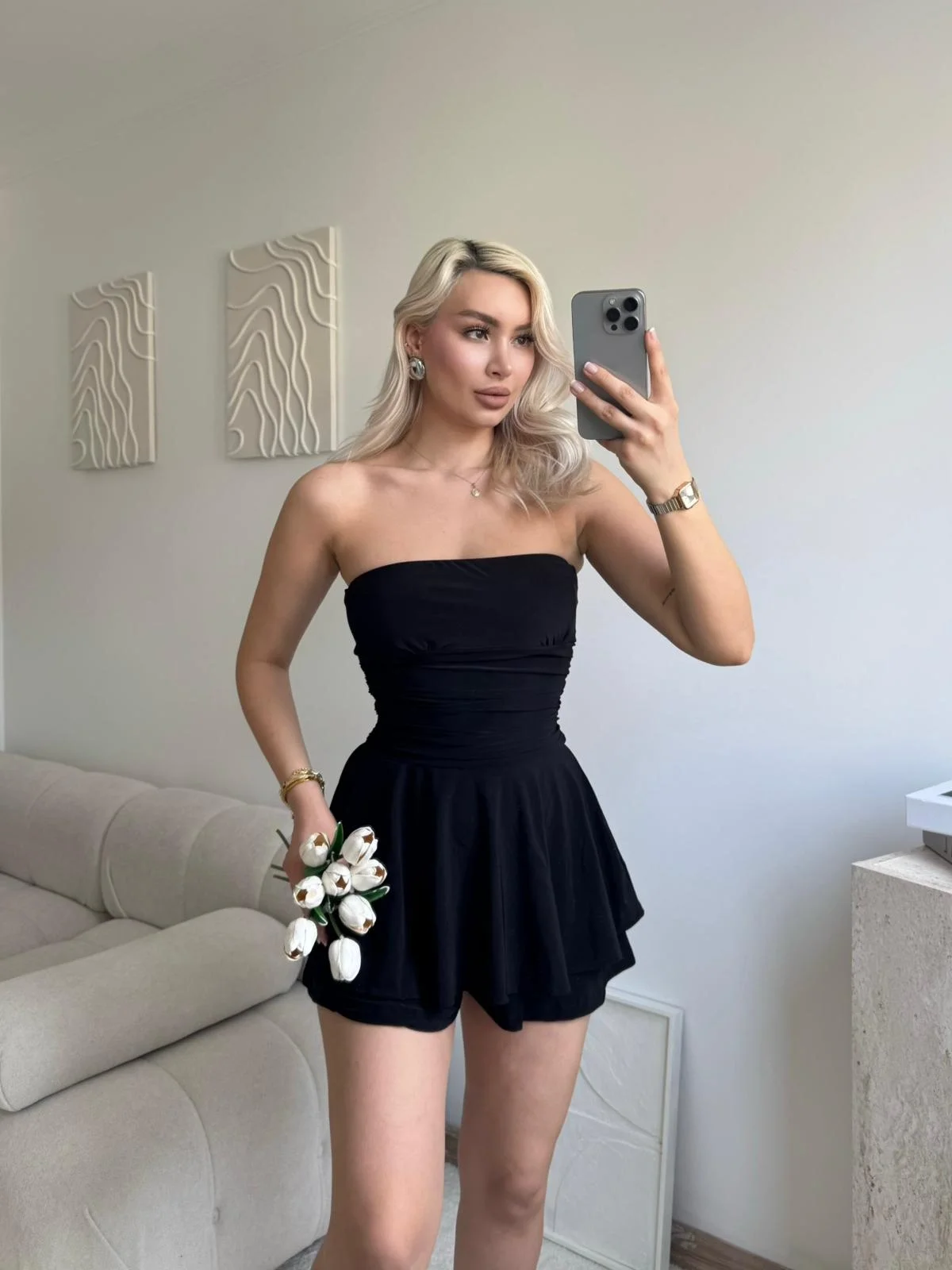 Straplez Volanlı Şortlu Elbise - SİYAH