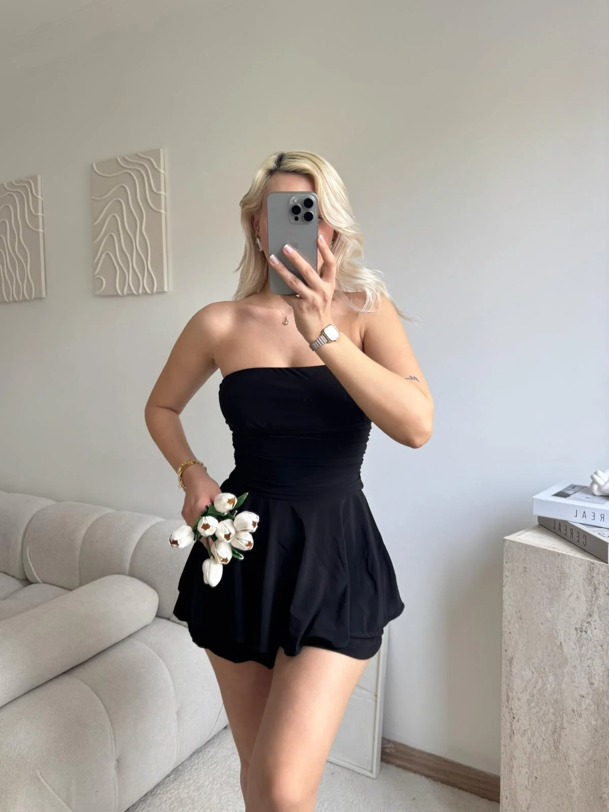 Straplez Volanlı Şortlu Elbise - SİYAH