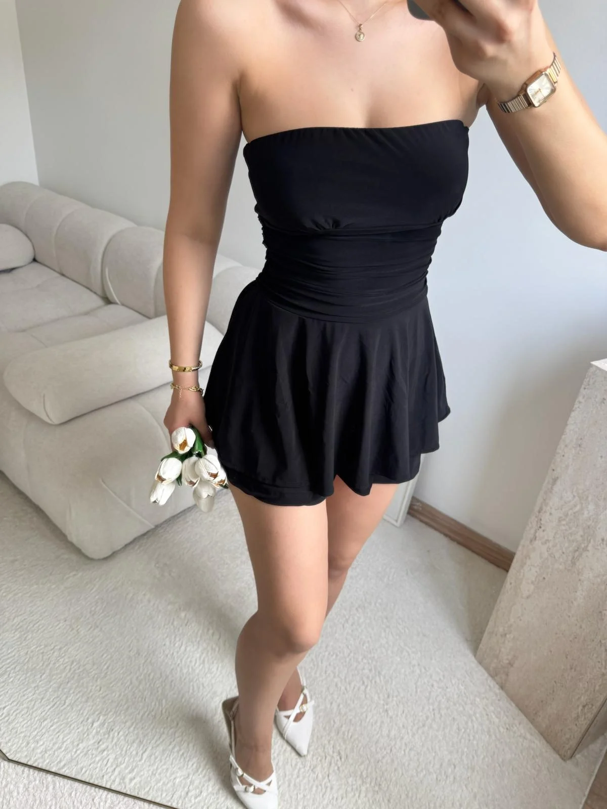 Straplez Volanlı Şortlu Elbise - SİYAH