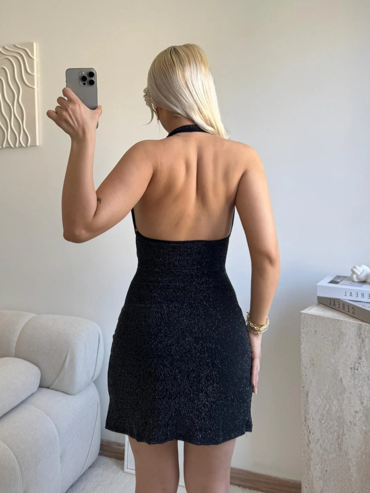 Boyun Geçmeli Simli Elbise - GÜMÜŞ