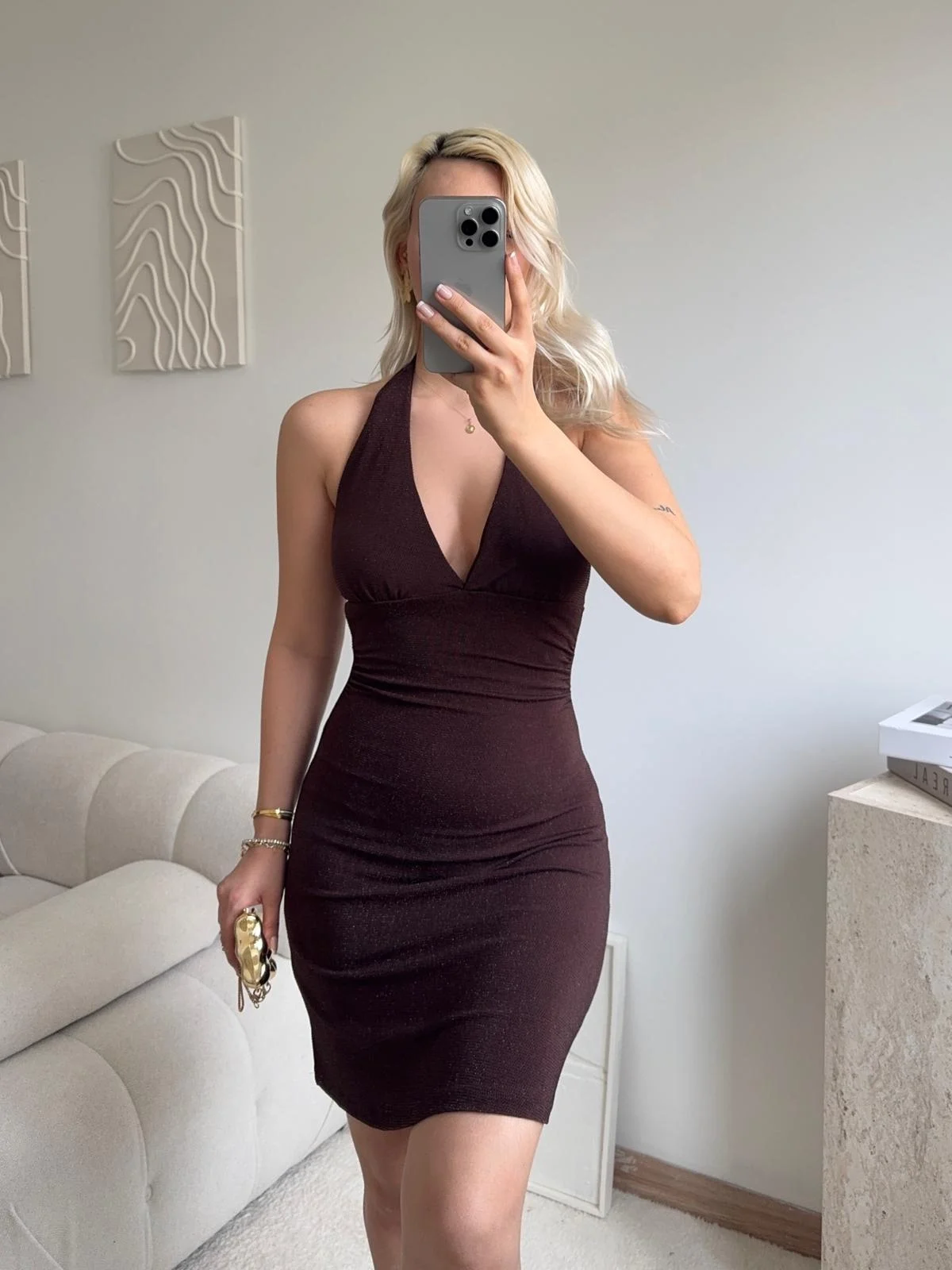 Boyun Geçmeli Simli Elbise - KAHVE