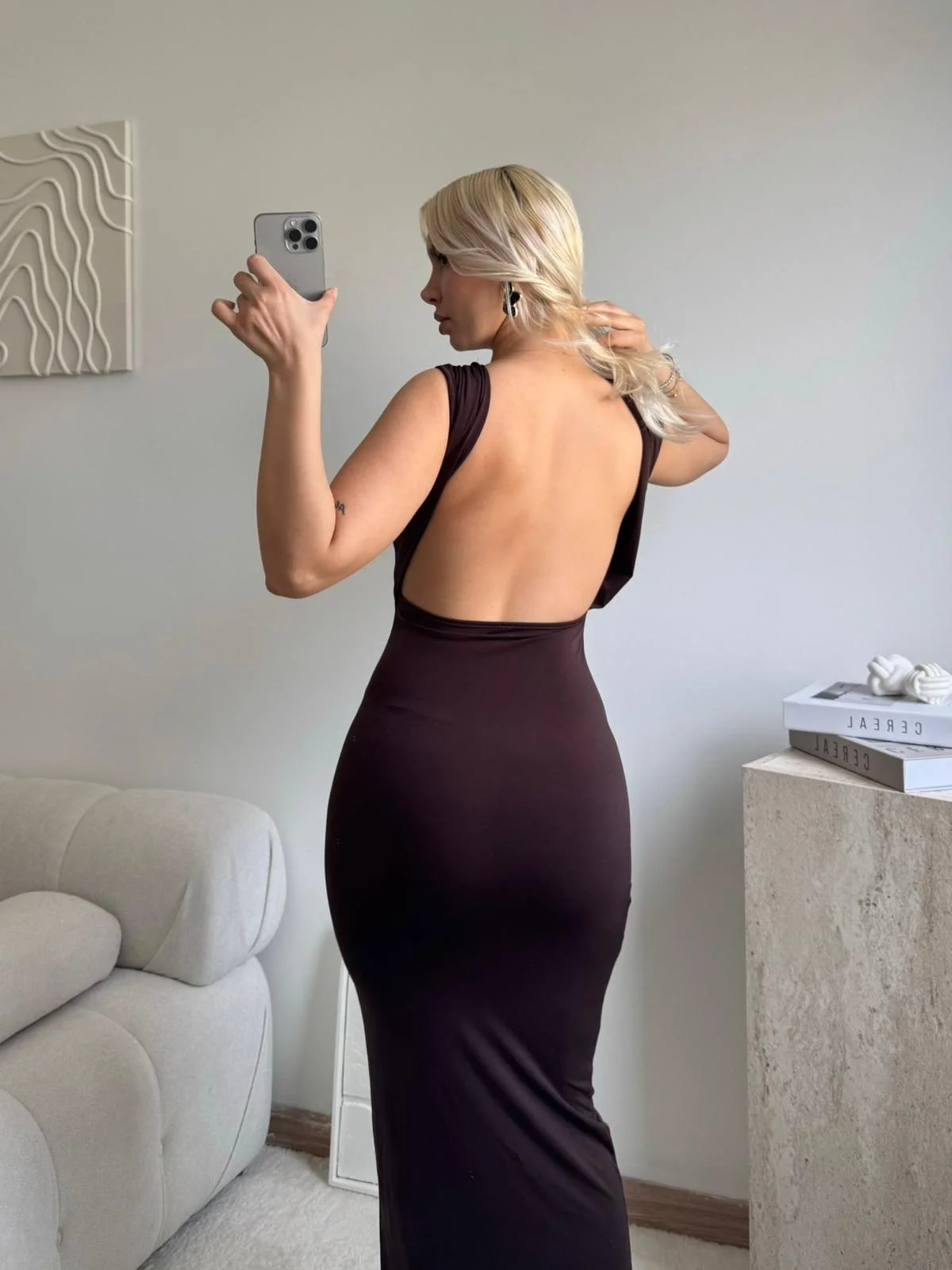 Sırt Kare Dekolte Long Elbise - KAHVE