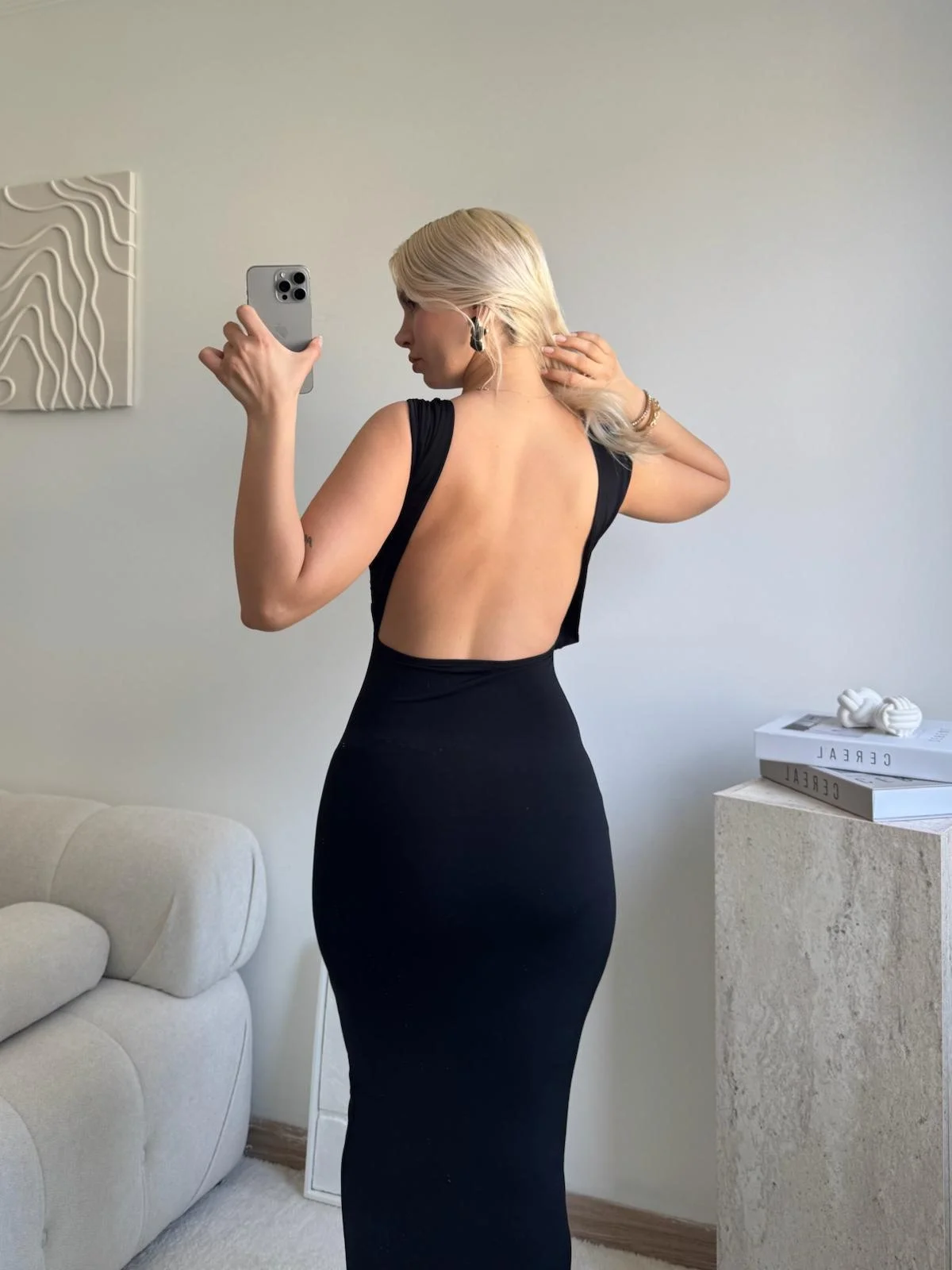 Sırt Kare Dekolte Long Elbise - SİYAH