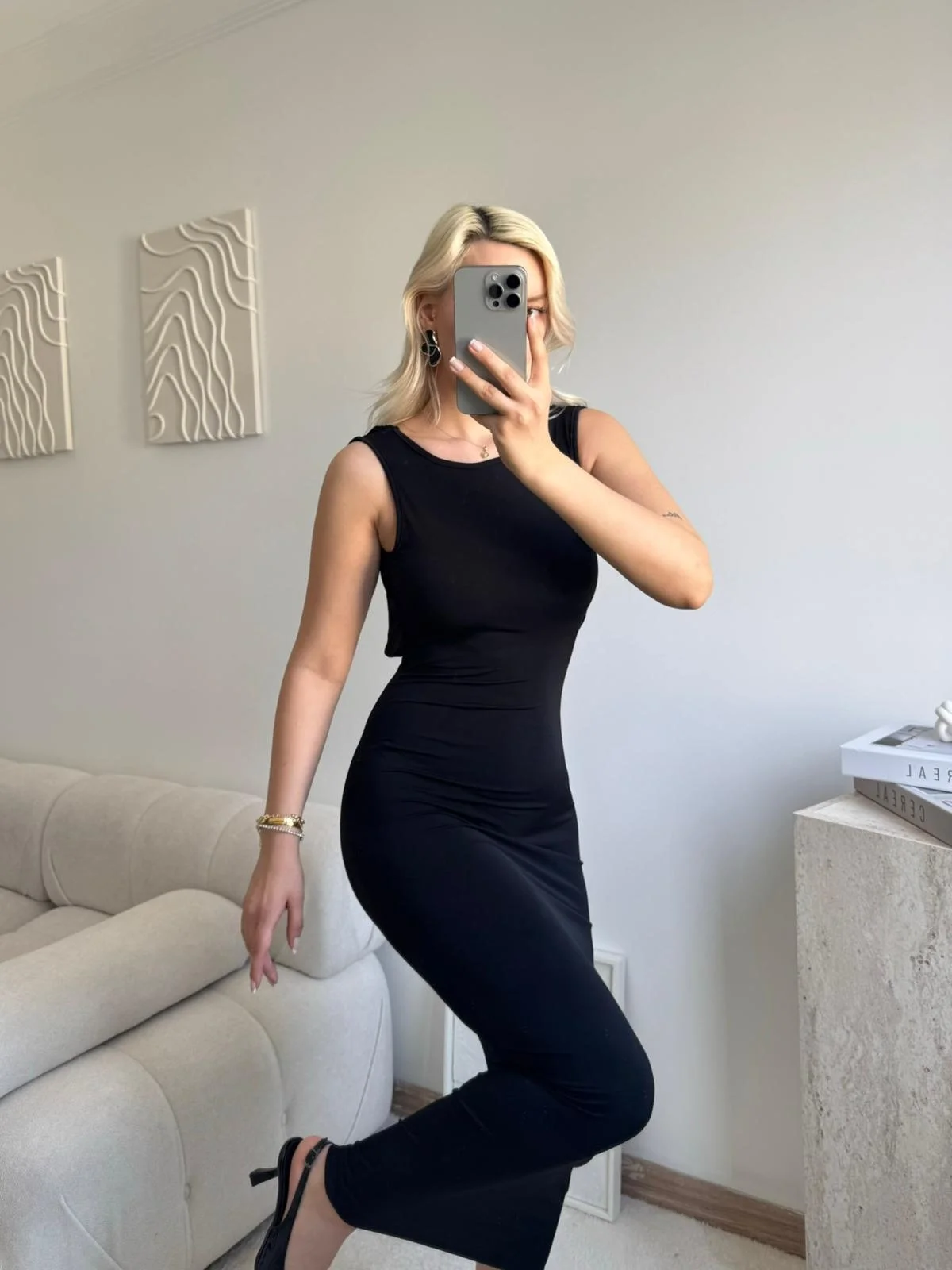 Sırt Kare Dekolte Long Elbise - SİYAH