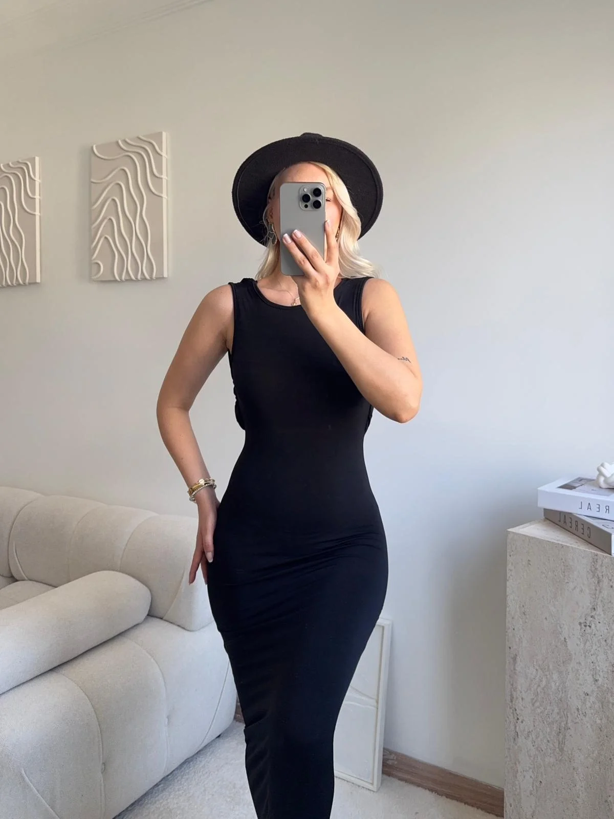 Sırt Kare Dekolte Long Elbise - SİYAH