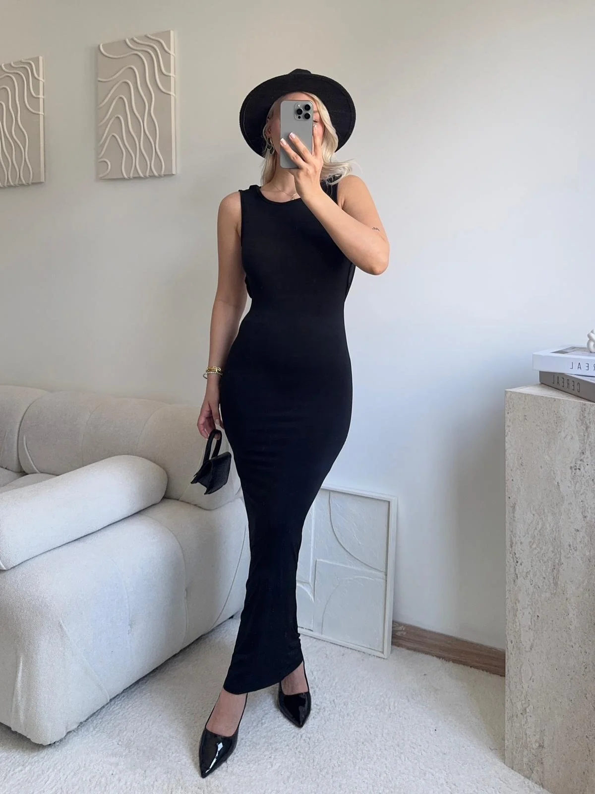 Sırt Kare Dekolte Long Elbise - SİYAH