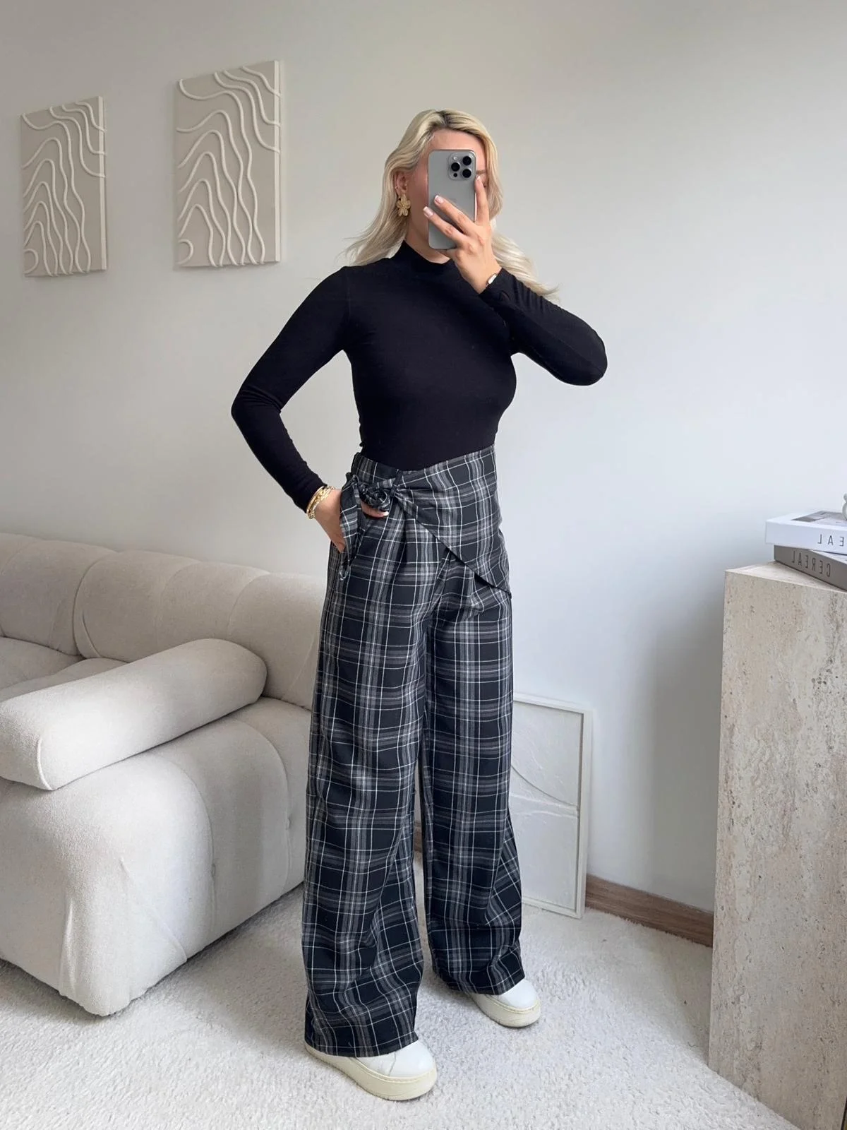 Bel Fular Ekose Pantolon - LACİVERT