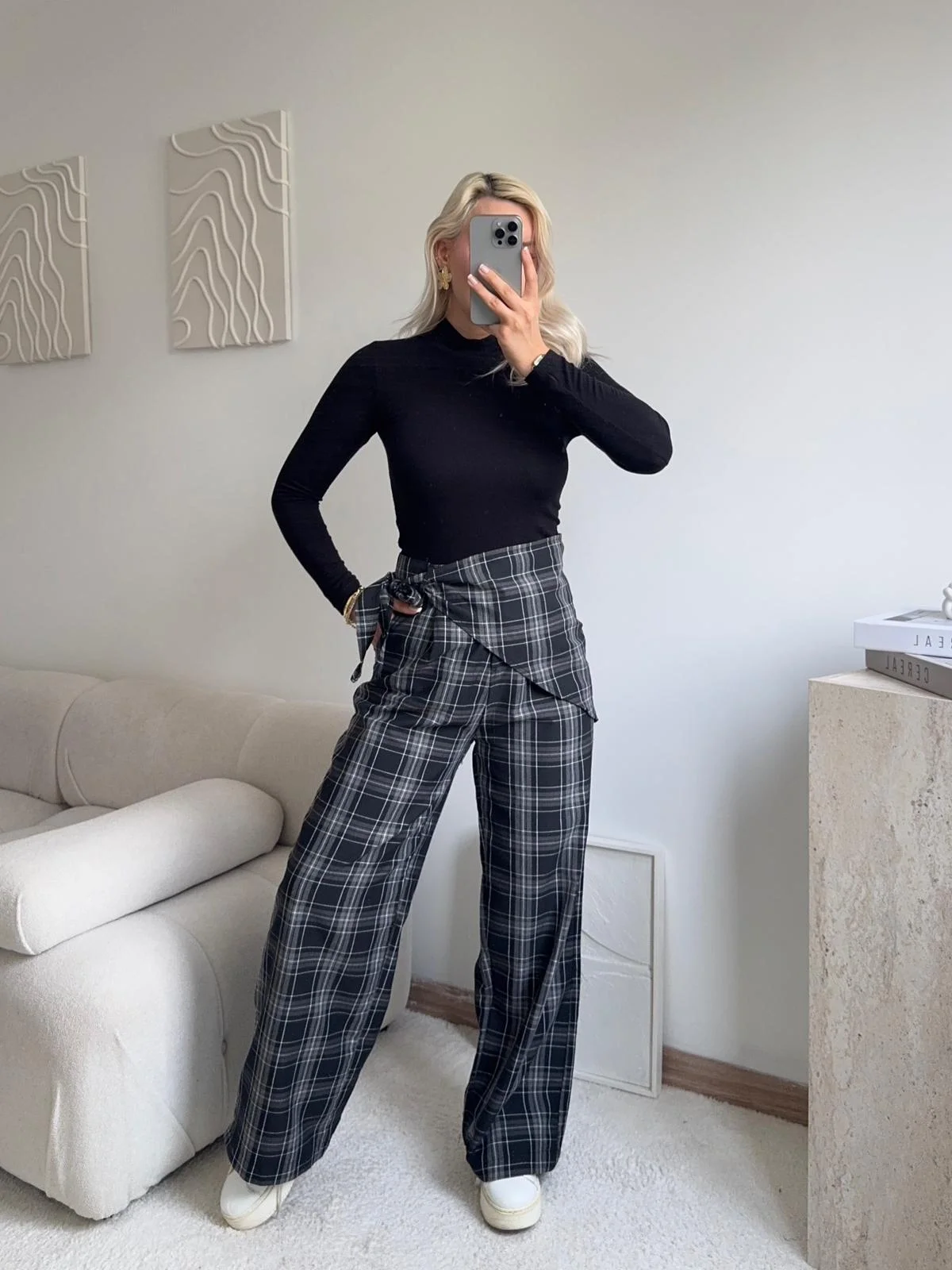 Bel Fular Ekose Pantolon - LACİVERT