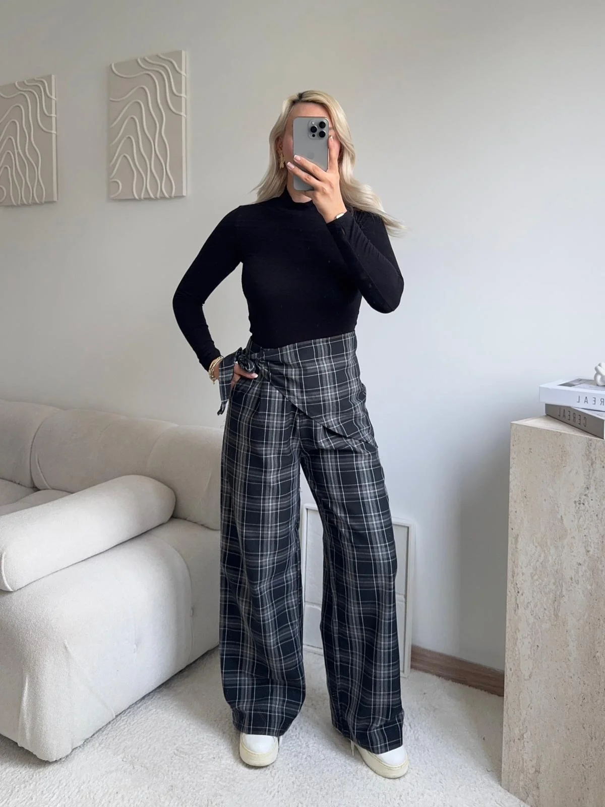 Bel Fular Ekose Pantolon - LACİVERT