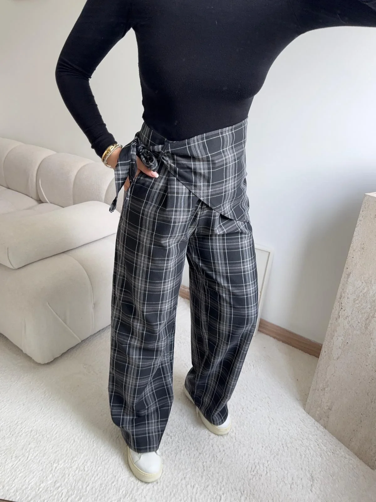 Bel Fular Ekose Pantolon - LACİVERT