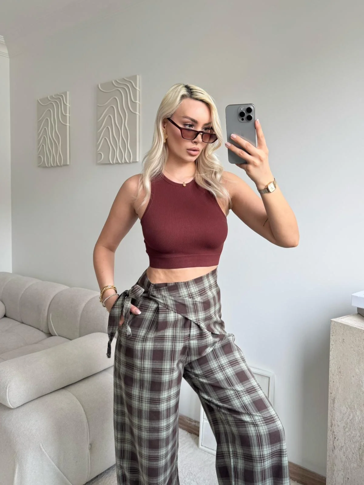 Bel Fular Ekose Pantolon - YEŞİL