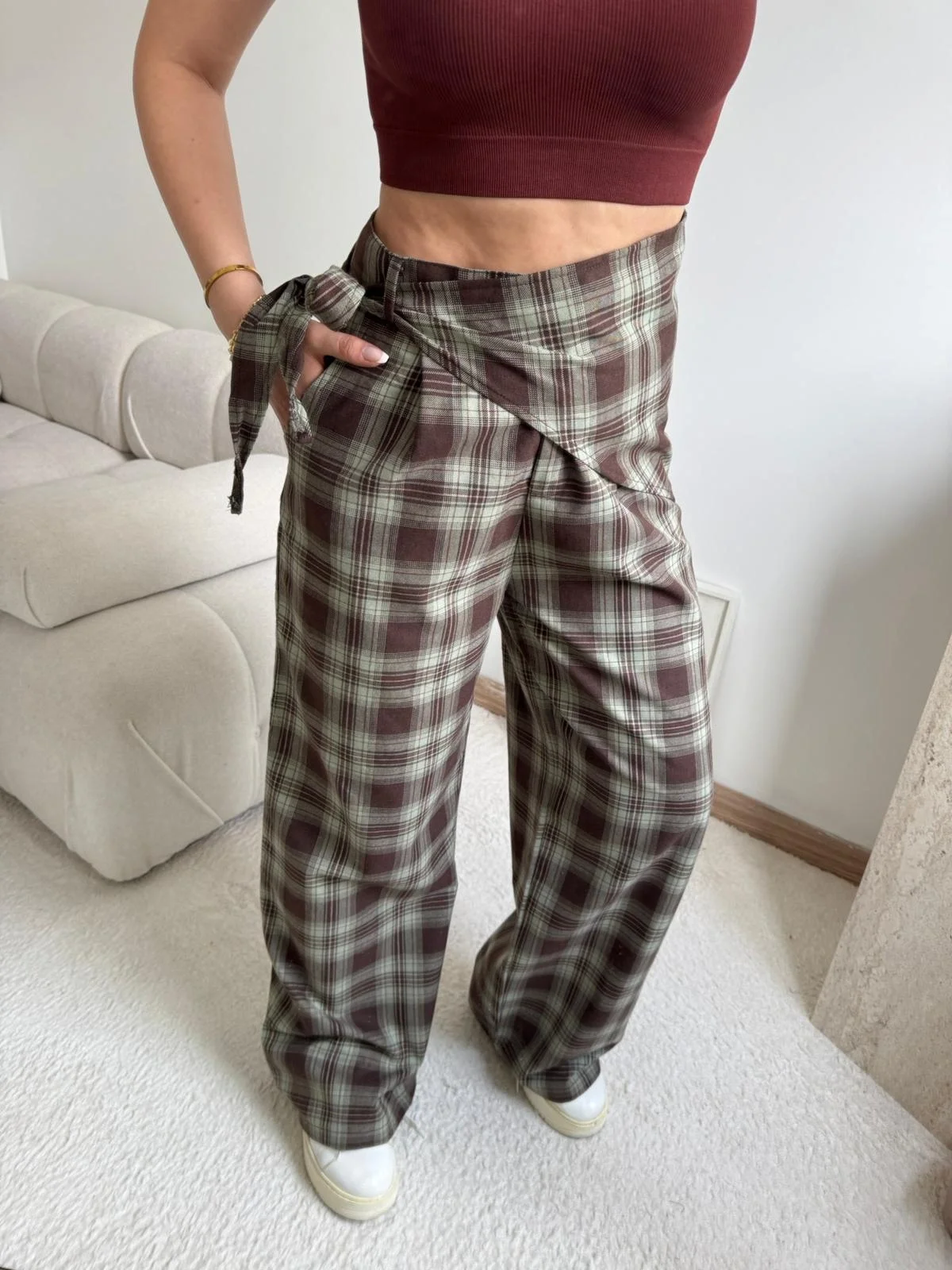 Bel Fular Ekose Pantolon - YEŞİL