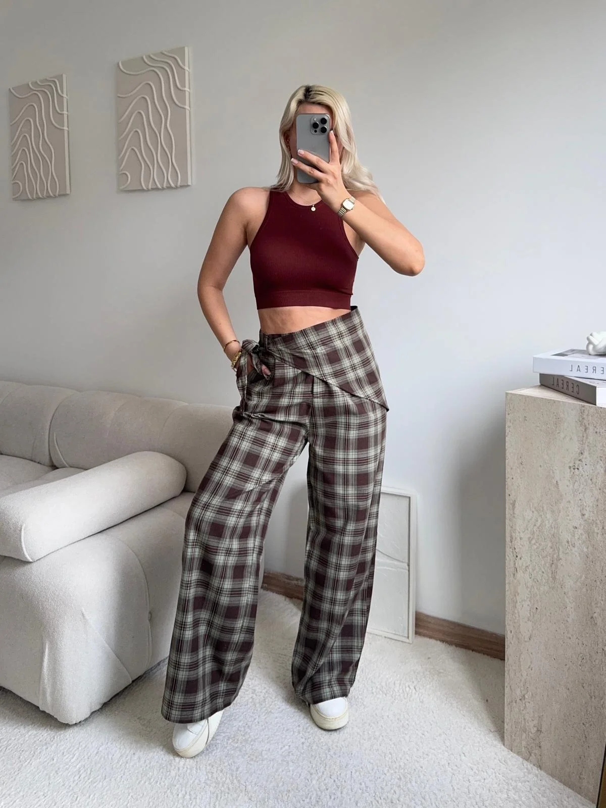 Bel Fular Ekose Pantolon - YEŞİL