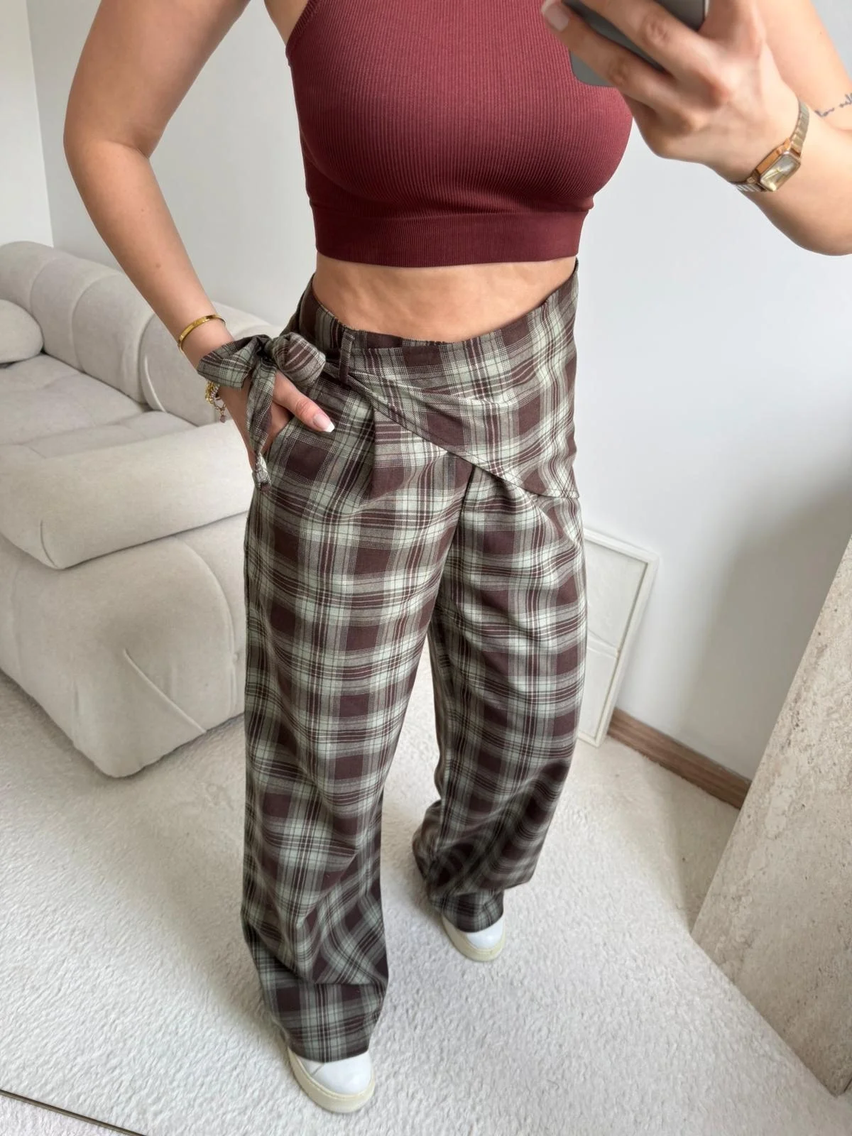 Bel Fular Ekose Pantolon - YEŞİL