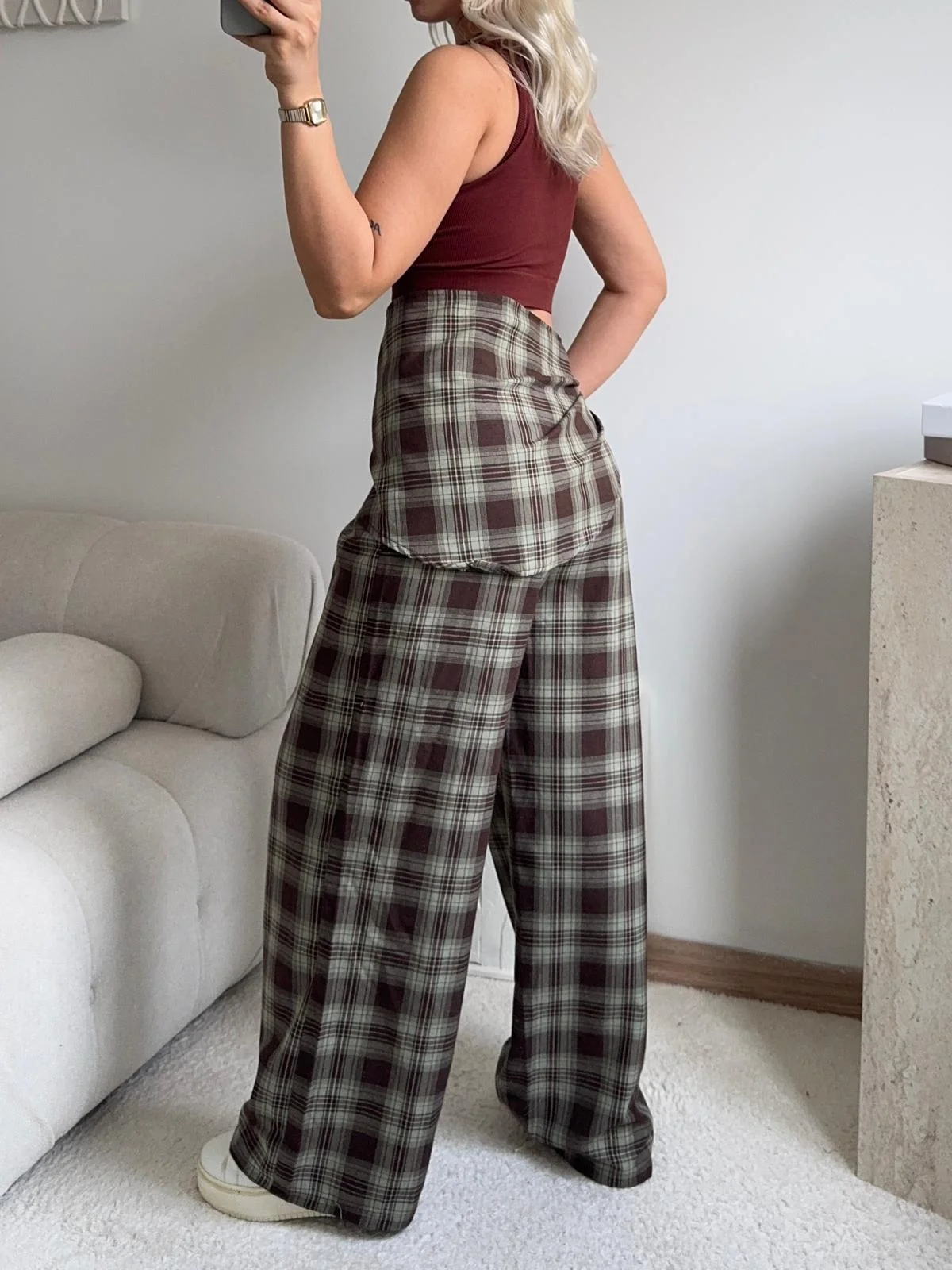 Bel Fular Ekose Pantolon - YEŞİL