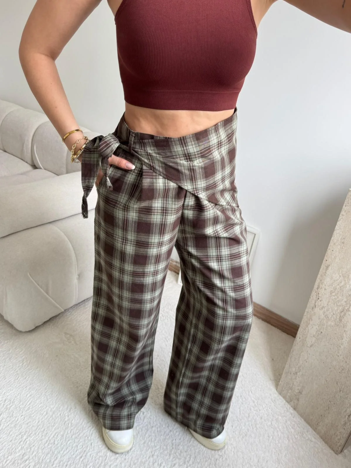 Bel Fular Ekose Pantolon - YEŞİL