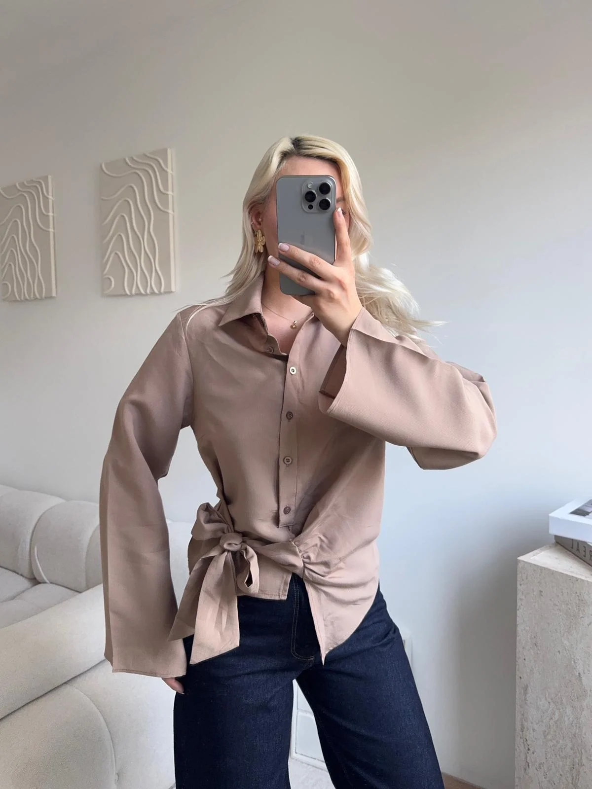 Kuşaklı Modal Gömlek - BEJ