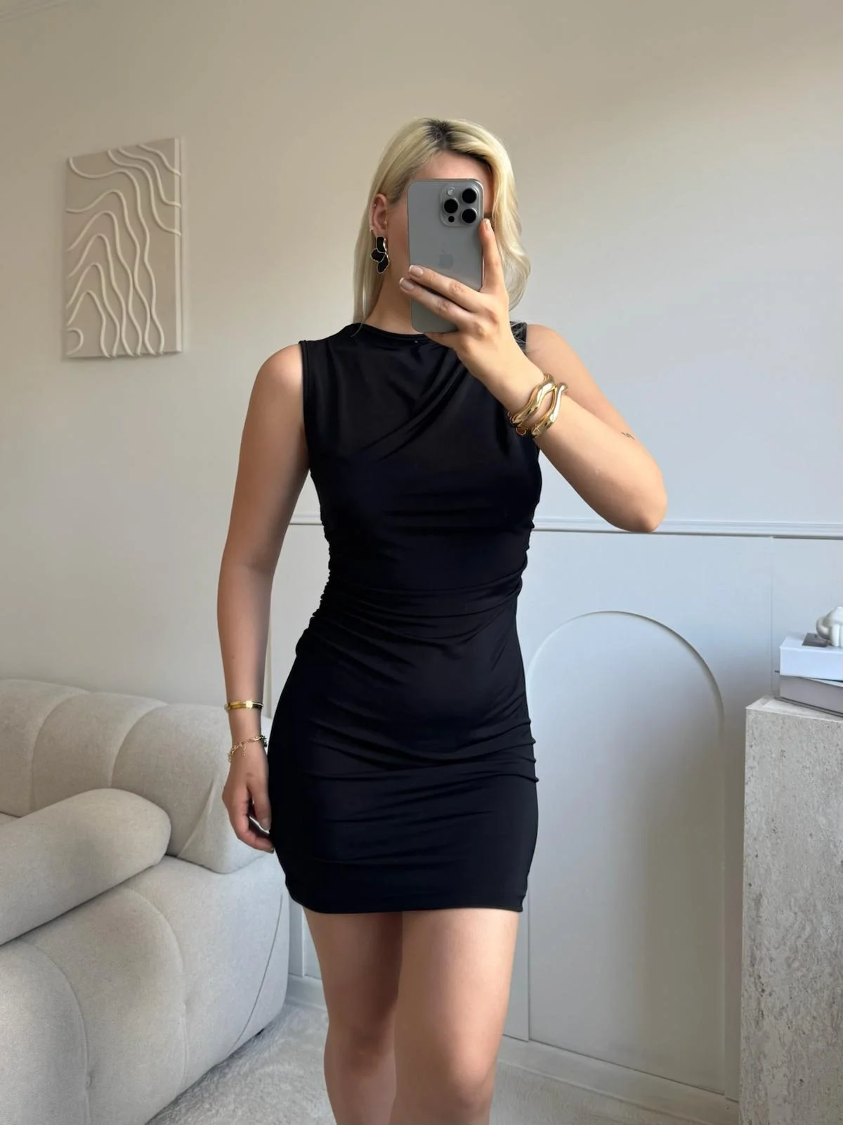 Yan Drapeli Mini Elbise - SİYAH