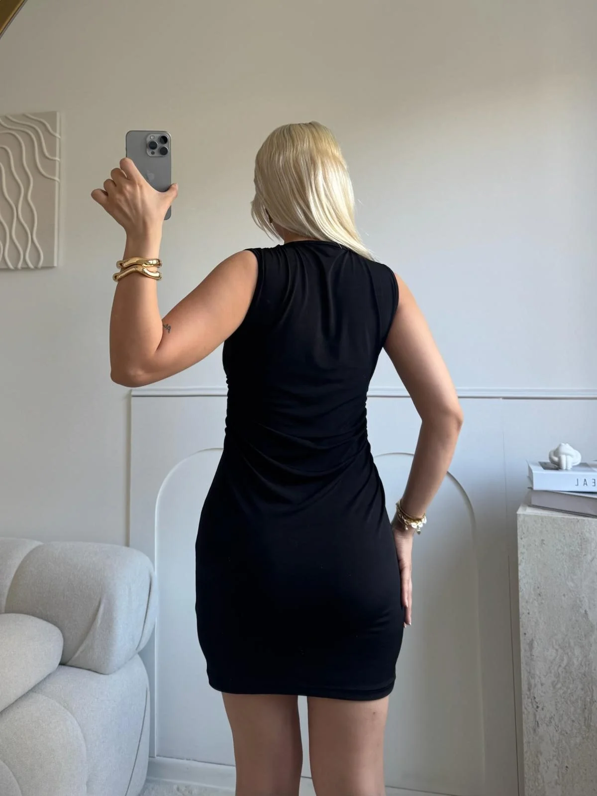 Yan Drapeli Mini Elbise - SİYAH