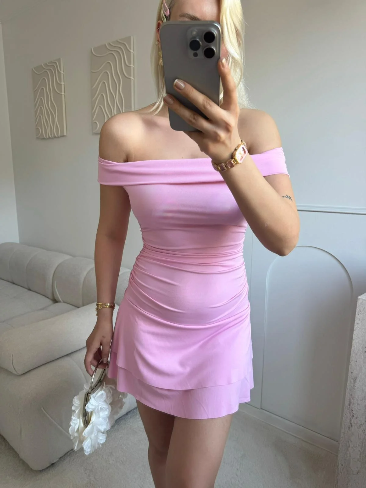 Madonna Yaka Fırfırlı Elbise - PEMBE