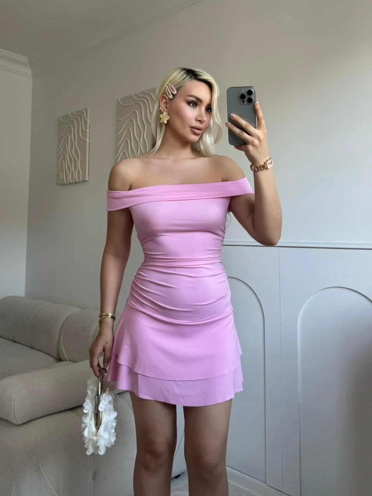 Madonna Yaka Fırfırlı Elbise - PEMBE