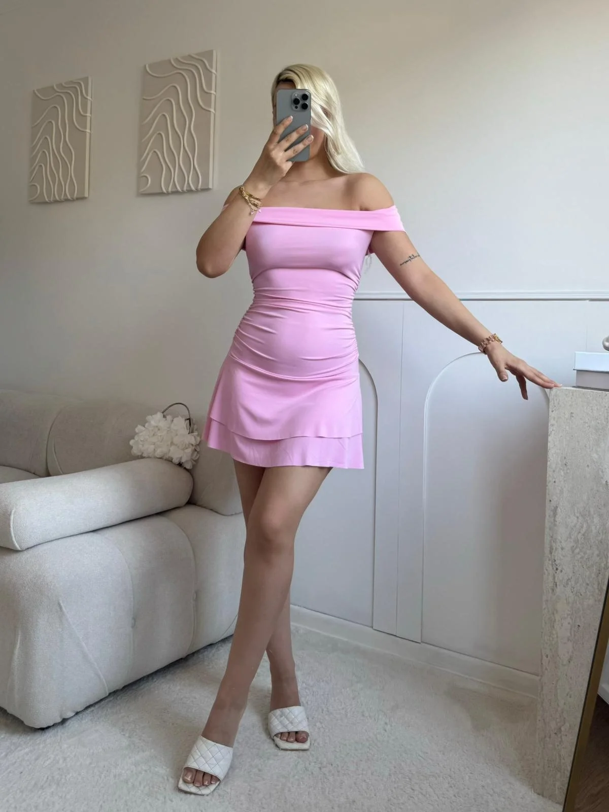 Madonna Yaka Fırfırlı Elbise - PEMBE