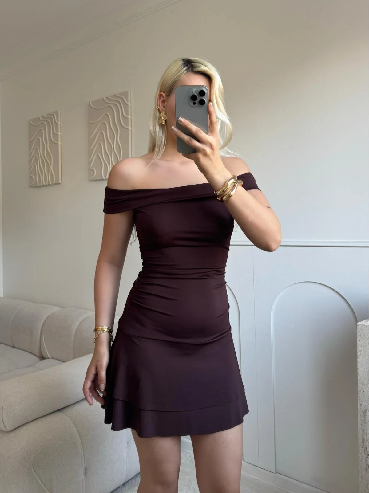 Madonna Yaka Fırfırlı Elbise - KAHVE