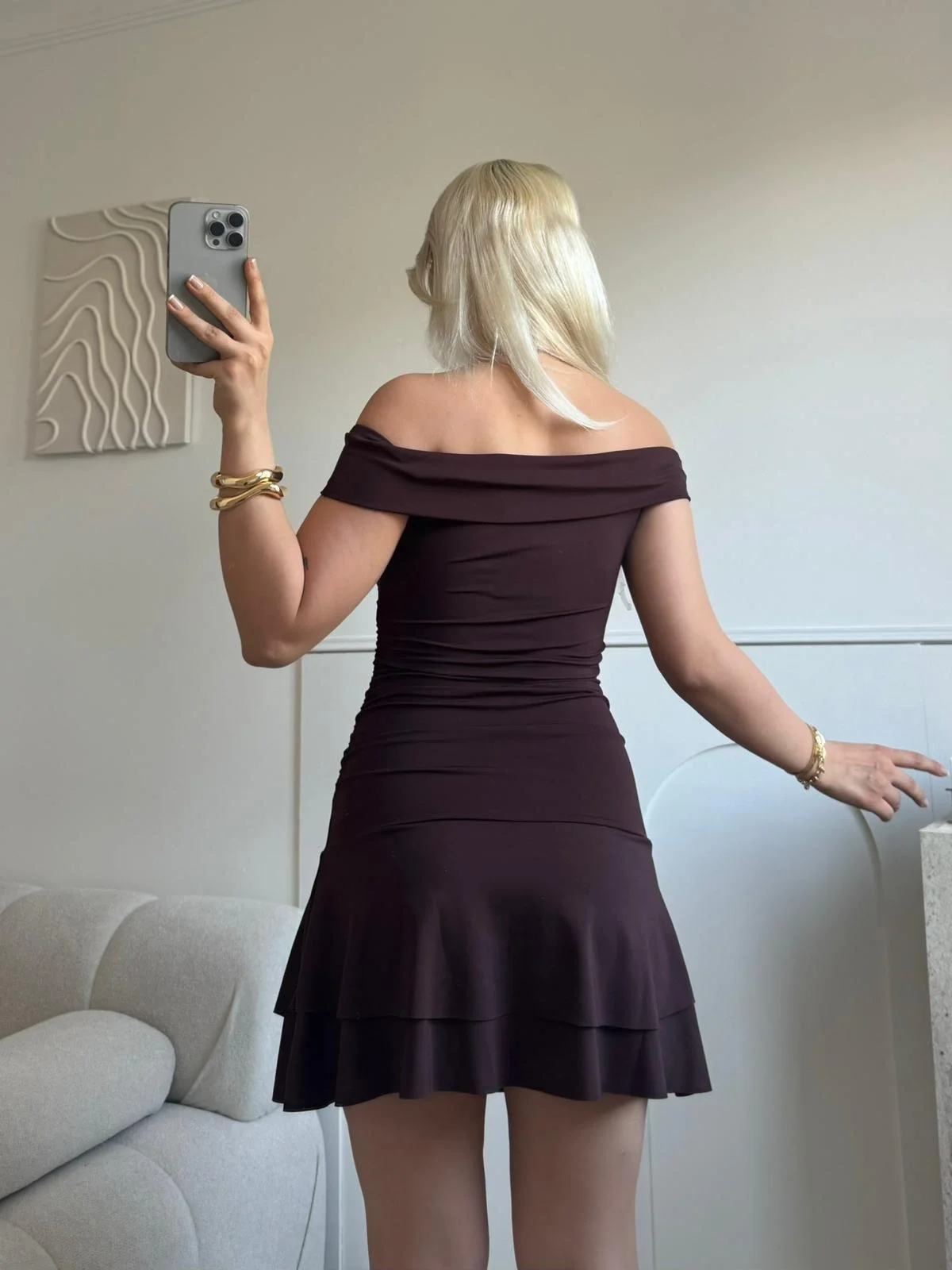 Madonna Yaka Fırfırlı Elbise - KAHVE