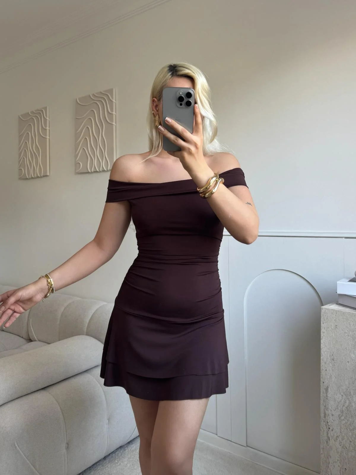 Madonna Yaka Fırfırlı Elbise - KAHVE