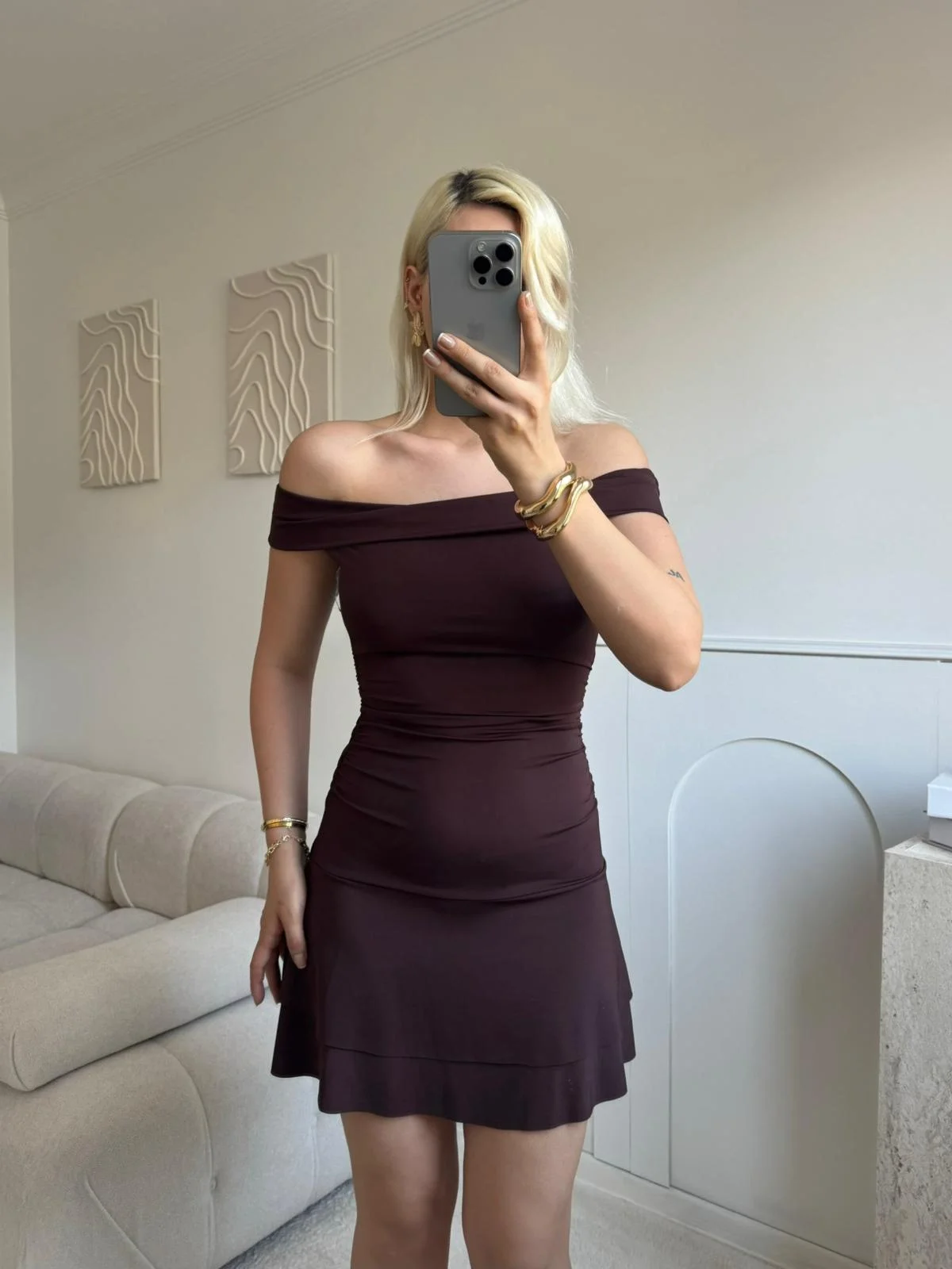 Madonna Yaka Fırfırlı Elbise - KAHVE